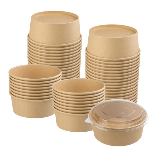 16 Oz Takeaway Paper Bowls with Lids | Grease Proof Bowls | 500 SETS (BOWL + LIDS)/Case